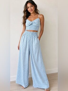 American Eagle Outfitters Blue White Floral Wide-Leg Pants S EUC Boho Resortwear